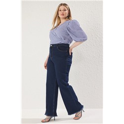Koyu Mavi Yüksek Bel Pis Uç Detaylı Geniş Paça Comfort Büyük Beden Wide Leg Jeans TBBSS23CJ00009