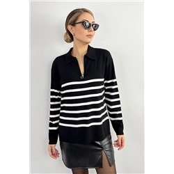 Ritnice Viscose Doku Exe Premium Selection Polo Yaka Fermuarlı Siyah Ekru Çizgili Triko Kazak 1254