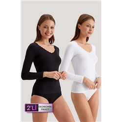 Pierre Cardin2'li Ekonomik Paket Siyah-beyaz 1029 Dantelli V Yaka Basic Pamuklu Uzun Kollu T-shirt / Atlet Set