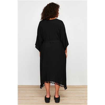 Siyah Etek Ucu Püsküllü Viskon Plaj Giyim Dokuma Büyük Beden Kimono&Kaftan TBBSS24DE00002