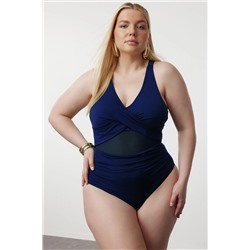 Trendyol Curve Lacivert Belde Cut Out Mesh/Tül Detaylı Büyük Beden Mayo TBBSS23AM00037