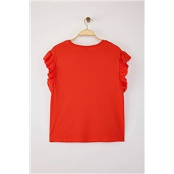Kırmızı Bisiklet Yaka Kolları Fırfırlı %100 Pamuk Örme T-Shirt TBBSS23BF00006