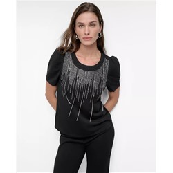 Women's Crewneck Embellished-Fringe Short-Sleeve Top