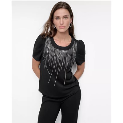 Women's Crewneck Embellished-Fringe Short-Sleeve Top