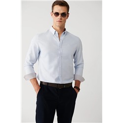 Avva Erkek Mavi Düğmeli Yaka Pamuklu Kolay Ütülenebilir Armürlü Slim Fit Dar Kesim Gömlek A32y2089 A32Y2089