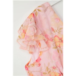 Pembe Çiçekli Midi Şifon Dokuma Büyük Beden Elbise TBBSS25AH00132