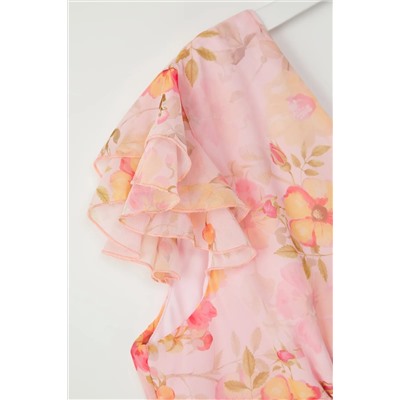 Pembe Çiçekli Midi Şifon Dokuma Büyük Beden Elbise TBBSS25AH00132
