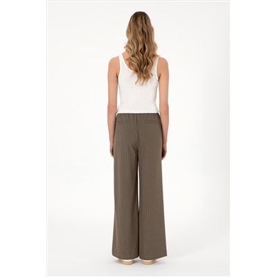 Kadın Vizon Çizgili Loose Relax Fit Kanvas Pantolon