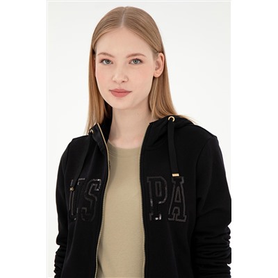 Kadın Siyah Kapüşonlu Fermuarlı Sweatshirt