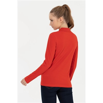 Kadın Kırmızı Basic Polo Yaka Sweatshirt