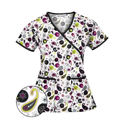 UA Party Paisley White Mock Wrap Print Scrub Top