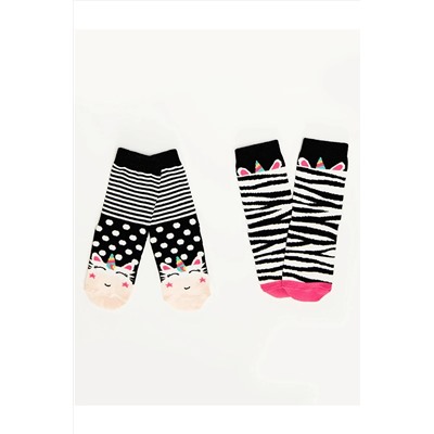 Denokids Zebra Unicorn Kız Çocuk Çizgili Siyah Beyaz Soket Çorap 2 Çift Takım CFF-20S1-153