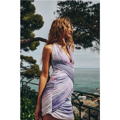 POCAS UNIDADES VESTIDO TUL ESTAMPADO DRAPEADO