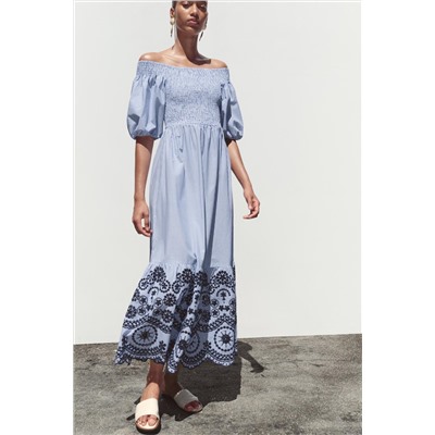 STRIPED EMBROIDERED MIDI DRESS