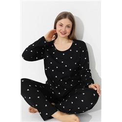 Siyah İnci Siyah Kalp Desenli Curve Büyük Beden Battal Boy Pamuklu Pijama Takımı 7616