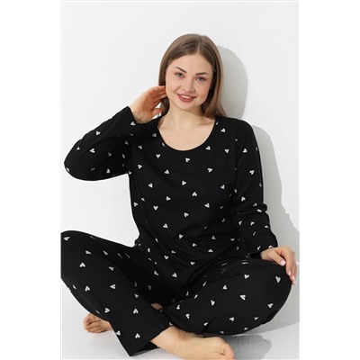 Siyah İnci Siyah Kalp Desenli Curve Büyük Beden Battal Boy Pamuklu Pijama Takımı 7616