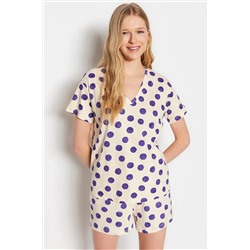 TRENDYOLMİLLA Ekru-Mor %100 Pamuk Puantiyeli T-shirt-Şort Örme Pijama Takımı THMSS23PT00013
