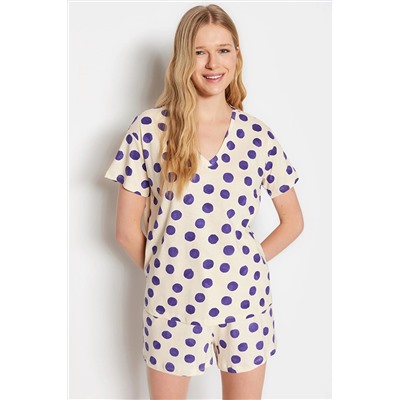 TRENDYOLMİLLA Ekru-Mor %100 Pamuk Puantiyeli T-shirt-Şort Örme Pijama Takımı THMSS23PT00013