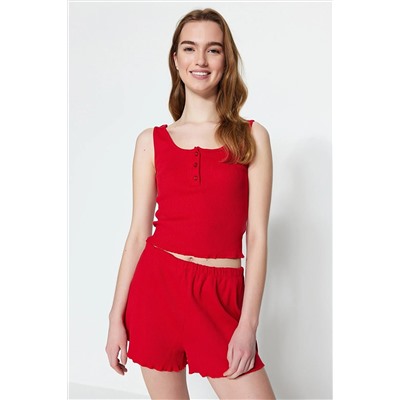 TRENDYOLMİLLA Kırmızı Düğme Detaylı Fitilli Atlet-Şort Örme Pijama Takımı THMSS23PT00179