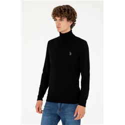 Erkek Slim Fit Boğazlı Yaka Siyah Basic Kazak