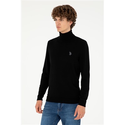 Erkek Slim Fit Boğazlı Yaka Siyah Basic Kazak