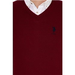 Erkek Bordo V - Yaka Basic Triko Kazak