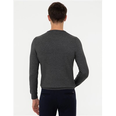Gri Melanj Slim Fit Bisiklet Yaka Basic Triko Kazak