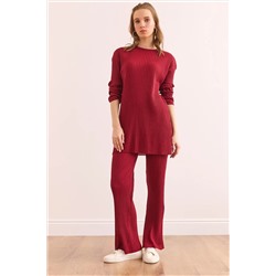 Olalook Kadın Bordo Üst Yırtmaçlı Bluz Alt Palazzo Fitilli Takım TKM-19000180