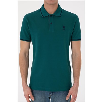 Erkek Slim Fit Polo Yaka Koyu Yeşil Basic Tişört
