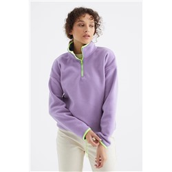 TOMMY LIFEAçık Eflatun Yarım Fermuar Etek Ucu Büzgülü Dik Yaka Oversize Kadın Polar Sweatshirt - 97234