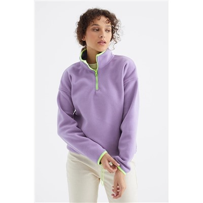 TOMMY LIFEAçık Eflatun Yarım Fermuar Etek Ucu Büzgülü Dik Yaka Oversize Kadın Polar Sweatshirt - 97234