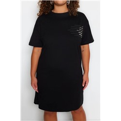 Siyah Bisiklet Yaka slogan Baskılı %100 Pamuk Örme Büyük Beden T-shirt Elbise TBBSS23AH00162