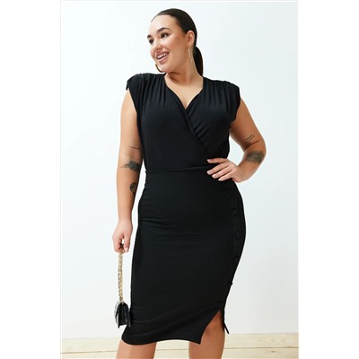 Siyah Vatkalı Kruvaze Yaka Esnek Çıtçıtlı Örme Bluz TBBSS24AF00064
