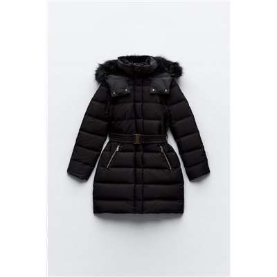 HOODED PUFFER DOWN JACKET WITH FAUX FUR