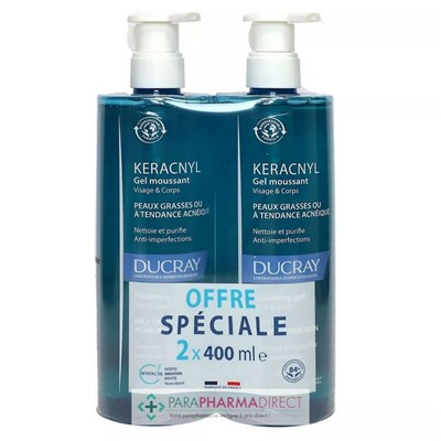 Ducray Keracnyl Gel Moussant Peaux à Tendance Acnéique 2x400mlLot  × 2
