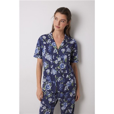 Pijama largo camisero 100% algodón azul flores