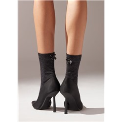 Blickdichte kurze Socken in Rippstrick mit Glitzer und Schleife