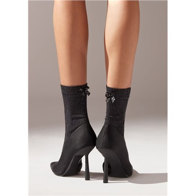 Blickdichte kurze Socken in Rippstrick mit Glitzer und Schleife