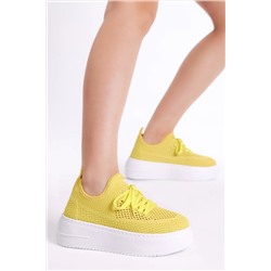 Tonny Black Kadın Sarı Rahat Kalıp Yüksek Taban Bağcıklı Triko Sneaker TBHMTSRS065