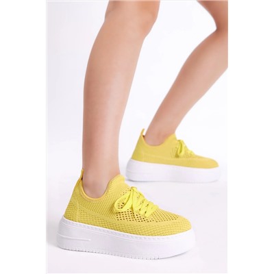 Tonny Black Kadın Sarı Rahat Kalıp Yüksek Taban Bağcıklı Triko Sneaker TBHMTSRS065