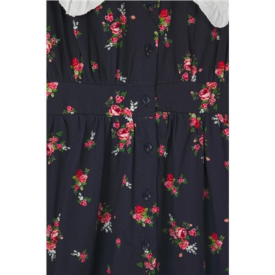Çok Renkli Çiçekli Poplin %100 Pamuk Bebe Yaka Midi Dokuma Büyük Beden Elbise TBBSS25AH00158