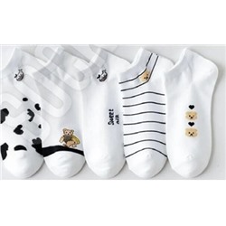 SOCKSHION 5 Çift Panda ve İnek Desenli Beyaz Kadın Patik Çorap Seti MSCK-14