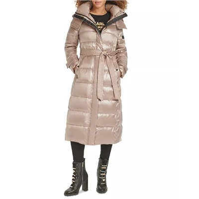 KARL LAGERFELD PARIS Karl Lagerfeld Womens Shine Hooded Belted Puffer Coat