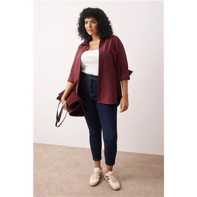 Koyu Bordo Loose Fit Pamuklu Uzun Kol Büyük Beden Dokuma Gömlek TBBSS22GO0323