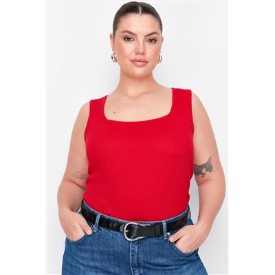 Kırmızı Basic Fitilli Kare Yaka Örme Büyük Beden Atlet TBBSS22AL0011