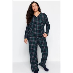 Trendyol Curve Yeşil Gömlek Yaka Ekose/Kareli Örme Pijama Takımı TBBAW24AI00033