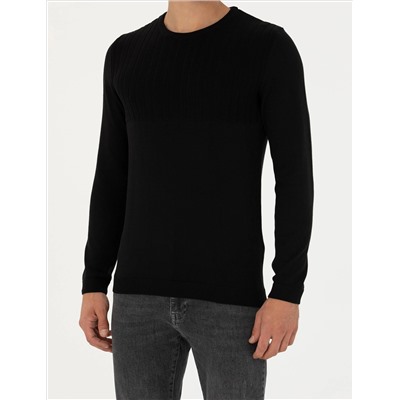Siyah Slim Fit Bisiklet Yaka Triko Kazak