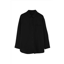 Siyah Loose Fit Pamuklu Uzun Kol Büyük Beden Dokuma Gömlek TBBSS22GO0323