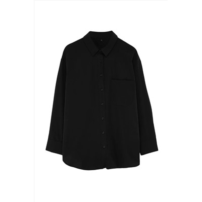 Siyah Loose Fit Pamuklu Uzun Kol Büyük Beden Dokuma Gömlek TBBSS22GO0323