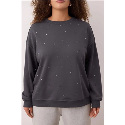 Antrasit Kalın Taşlı Detaylı Örme Sweatshirt Büyük Beden Sweatshirt TBBAW24SW00000